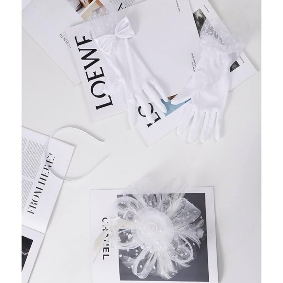 Headwear and Short Lace Bowknot Gloves for Women - White - Picture 6 of 6